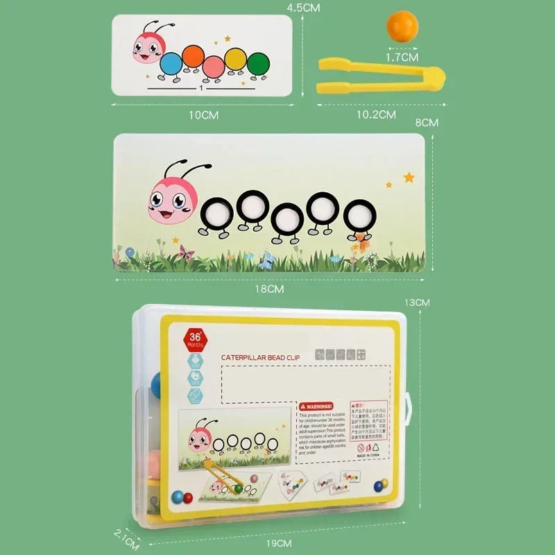 Measurements for the caterpillar board, pattern card, bead, clip, and storage box