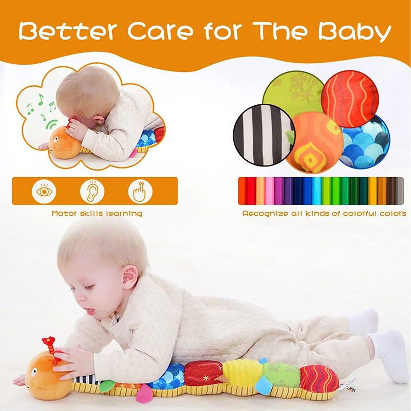 Baby exploring an orange caterpillar rattle during tummy time, with colorful fabric detail callouts