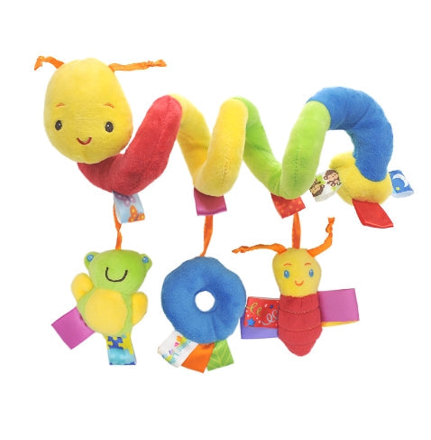 Caterpillar spiral activity toy with a yellow head and three colorful hanging toys