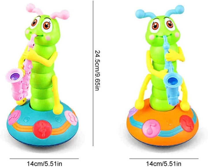 Caterpillar toy color versions shown with height and base-width measurements