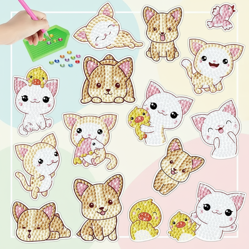 Cat and dog gem stickers with ducks, a butterfly, and a flower