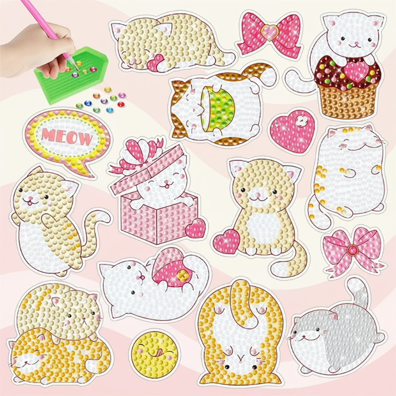Cat diamond painting stickers with hearts, bows, and a gift box