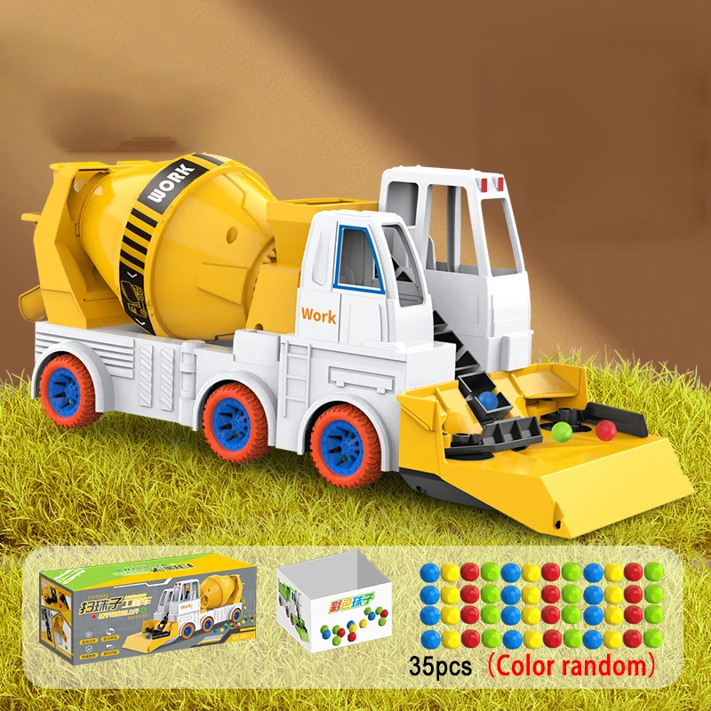 Yellow cement mixer truck with balls, a container, and packaging for the 35-piece option