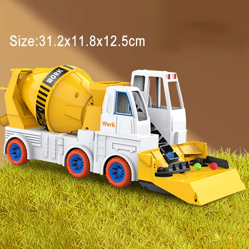 Toy cement mixer truck with dimensions of 31.2 x 11.8 x 12.5 cm
