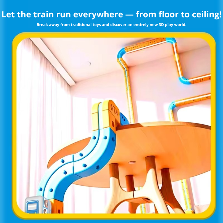 Magnetic train track arranged around a chair with a route extending toward the ceiling