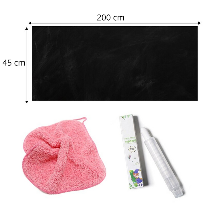 45 x 200 cm black chalkboard wallpaper with a pink cleaning cloth and chalk pencil