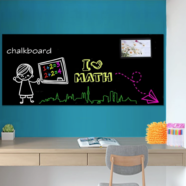 Black chalkboard wallpaper above a desk with colorful drawings and math notes