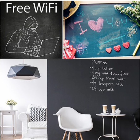 Chalkboard wallpaper displaying notes, colorful artwork, and a handwritten recipe