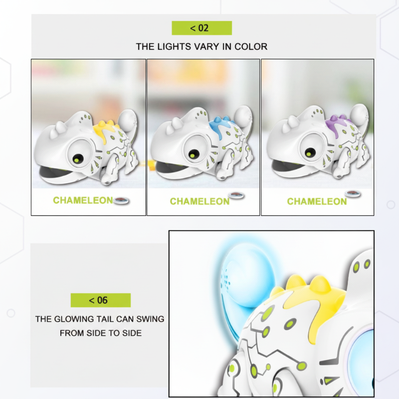 RC chameleon in three light colors, with a detail of its illuminated swinging tail.