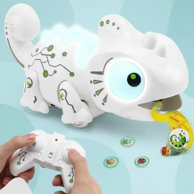 White chameleon with a glowing eye, handheld controller, and colorful insect-themed discs.