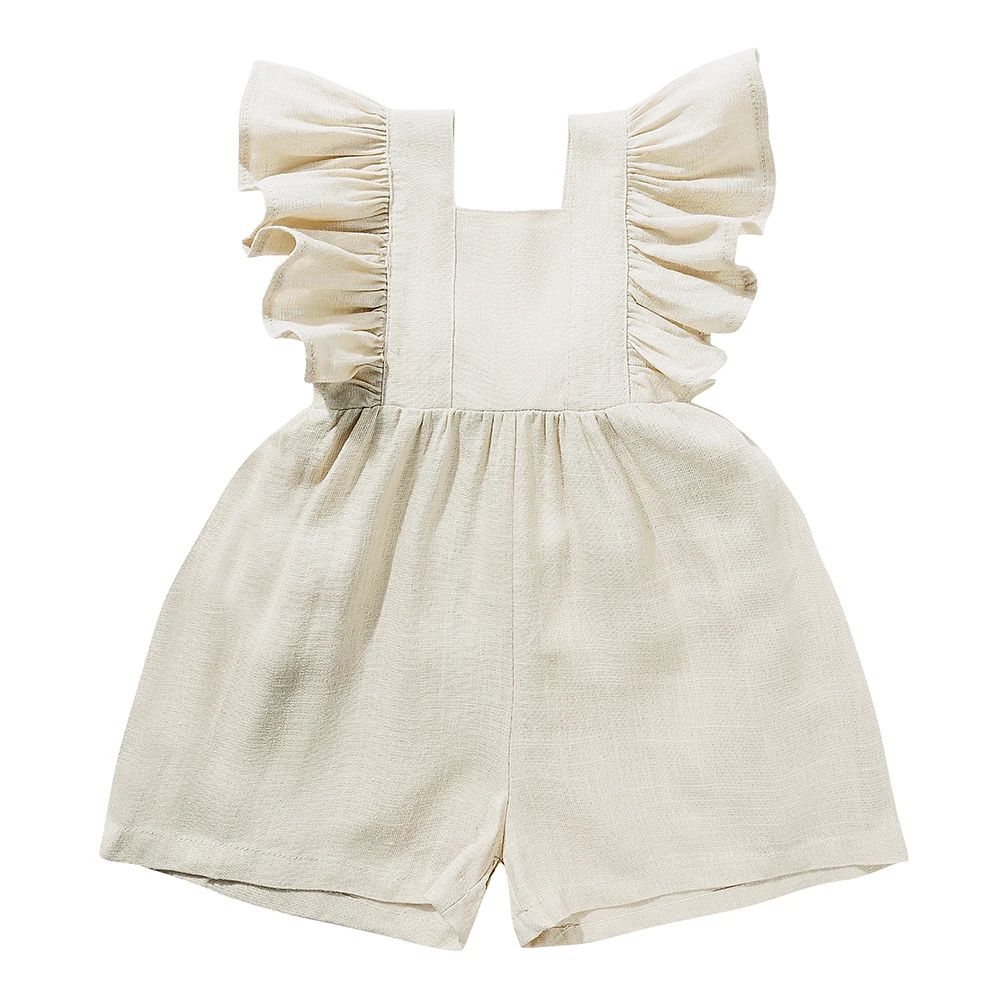 Champagne baby romper with ruffled shoulder straps, a square neckline, and short legs.