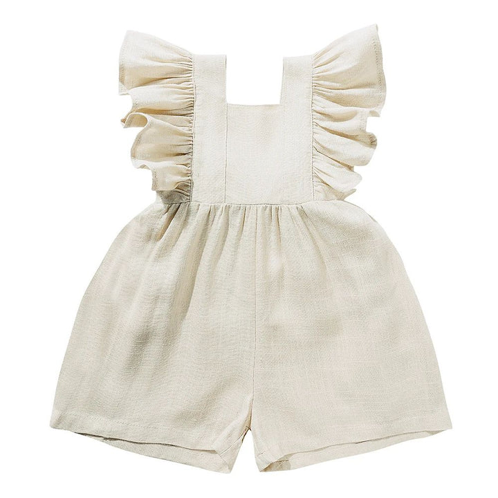 Champagne baby romper with ruffled shoulder straps, a square neckline, and short legs.