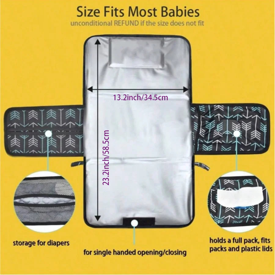 Changing mat measurement diagram with side pockets for diapers and wipes.