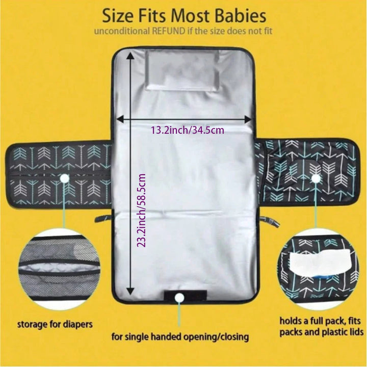 Changing mat measurement diagram with side pockets for diapers and wipes.