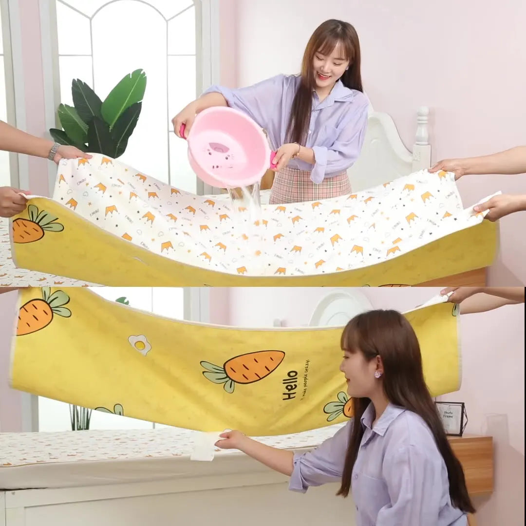 Two-panel water-pour demonstration with a changing mat held above a crib.