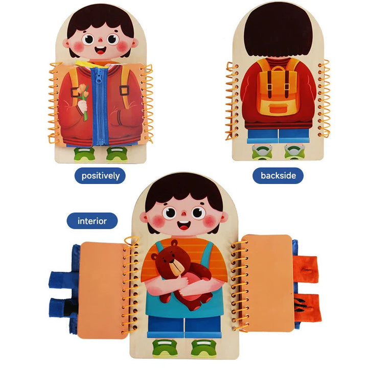 Front, back, and interior views of a character activity board with a zipper and fabric fasteners