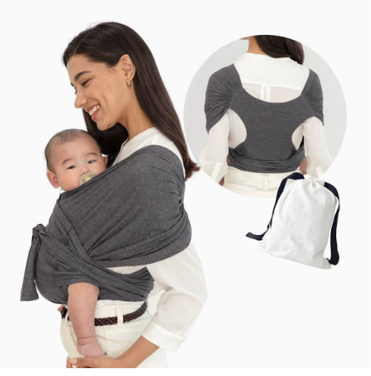 Charcoal gray baby carrier shown with a baby at the chest, a back view and a drawstring pouch
