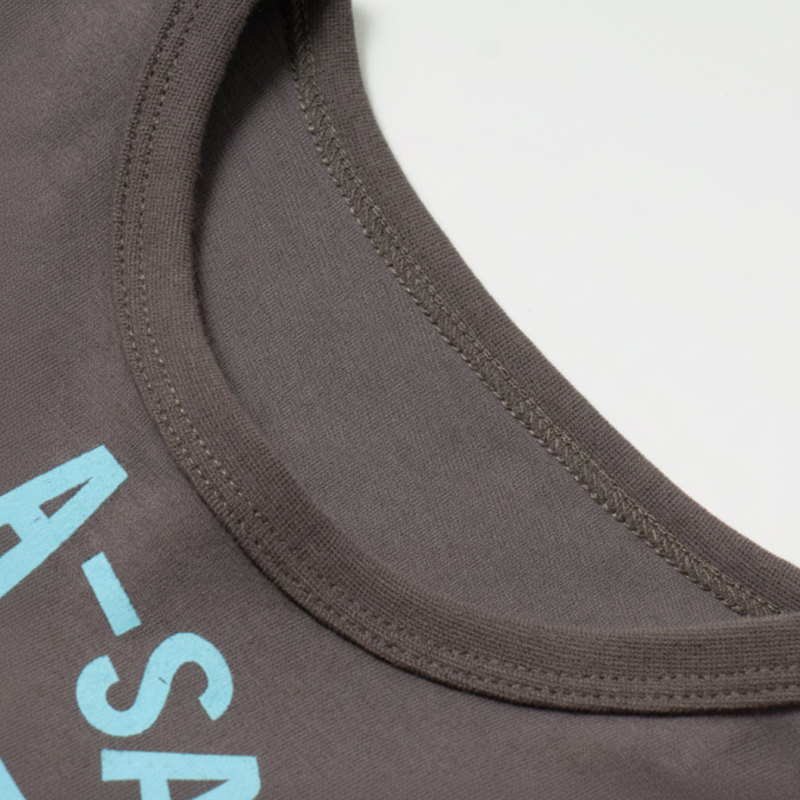 Close-up of the round neckline and stitching on a charcoal dinosaur sweatshirt
