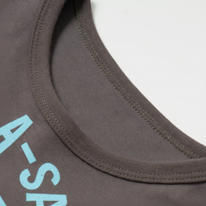 Close-up of the round neckline and stitching on a charcoal dinosaur sweatshirt