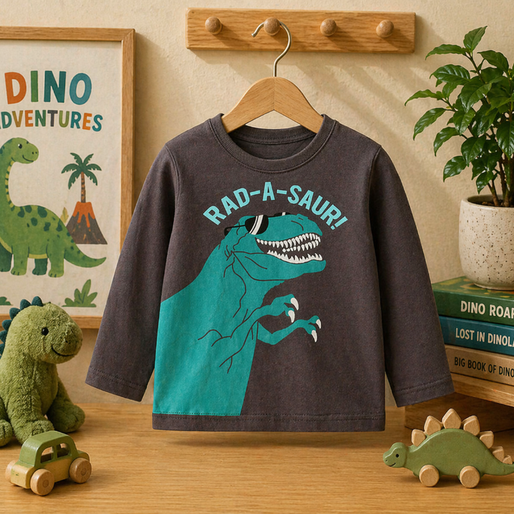 Charcoal sweatshirt with a large turquoise T-rex graphic