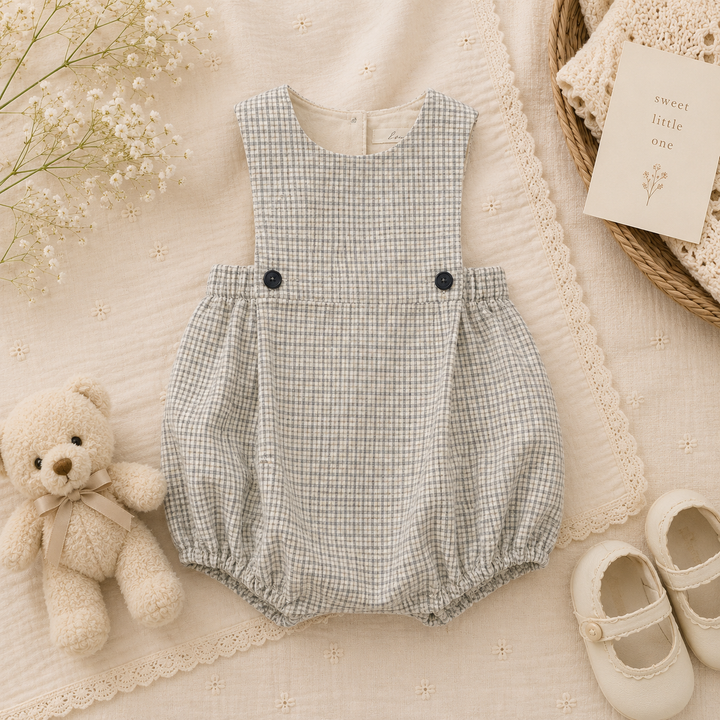 Sleeveless checked baby romper with a square neckline, dark waist buttons, and gathered legs.