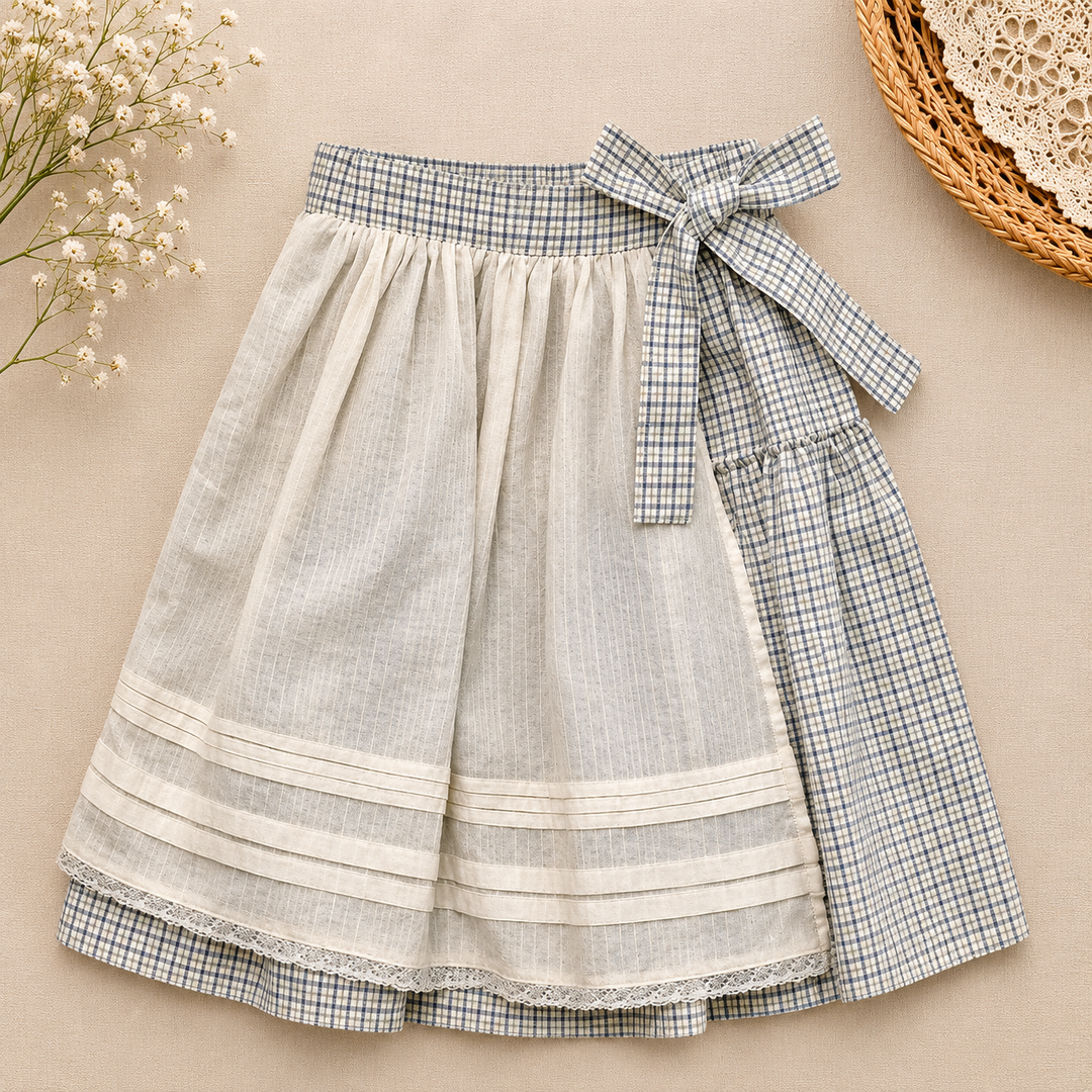 Checked wrap skirt with a waist bow and a pale layered front panel
