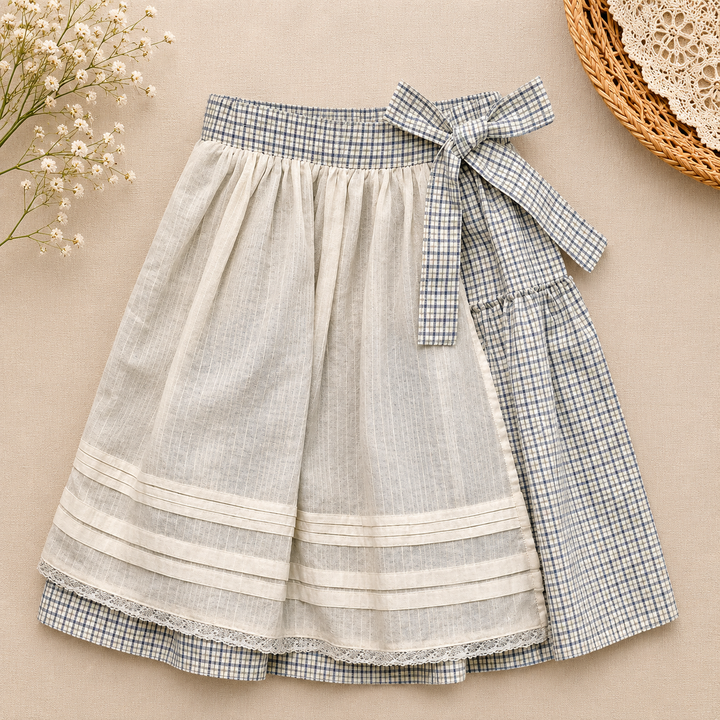 Checked wrap skirt with a waist bow and a pale layered front panel