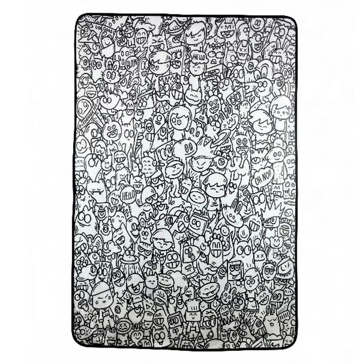 Coloring mat filled with cheerful cartoon faces and characters