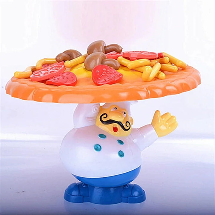 Chef figure supporting a pizza tray topped with colorful food pieces
