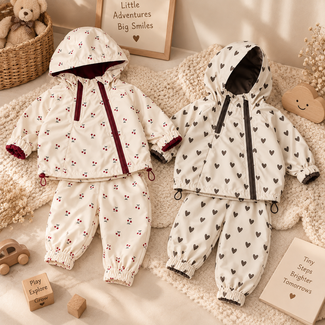 Cherry-print and heart-print kids' hooded jackets with matching pants laid side by side.