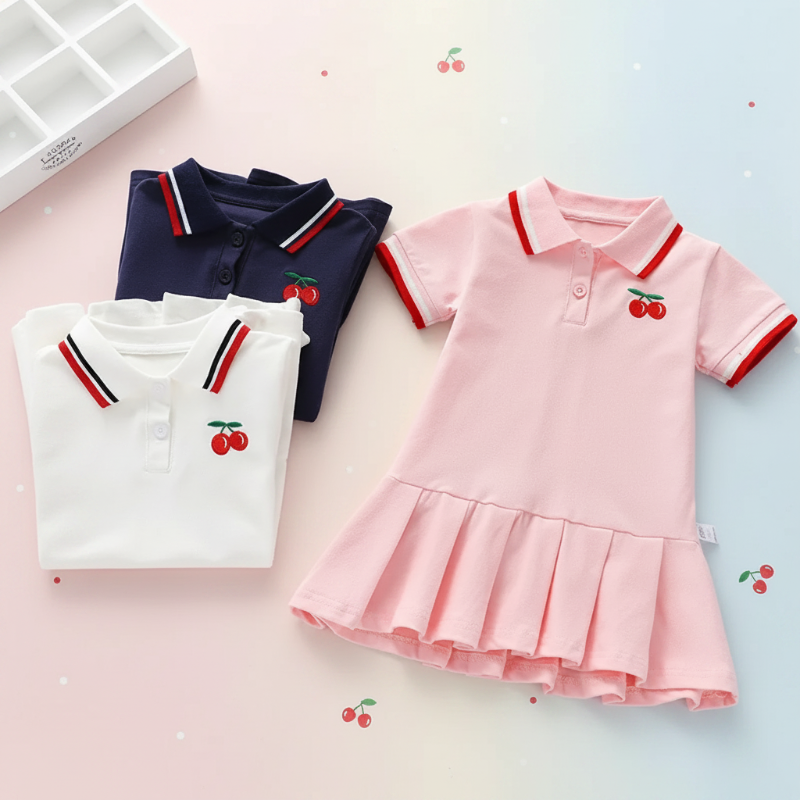 Pink cherry-embroidered polo dress laid flat beside folded navy blue and white dresses.