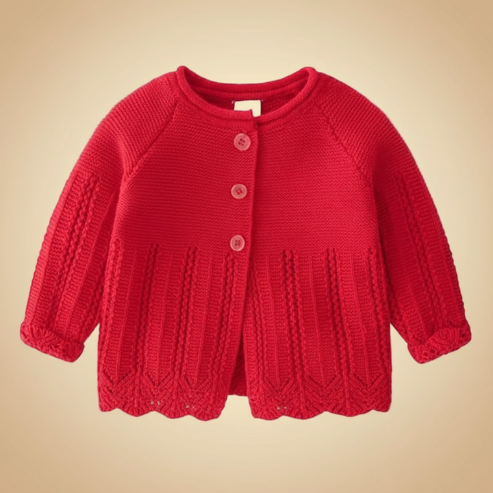 Cherry red baby cardigan with openwork knit details and a scalloped hem