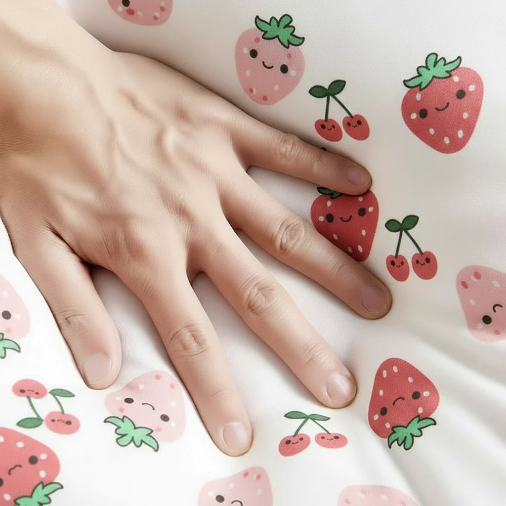 Hand resting on white swaddle fabric patterned with cherries and strawberries