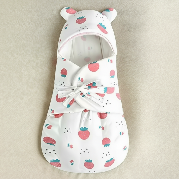 Cherry and strawberry-print baby swaddle blanket with a tied front and rounded-ear hood