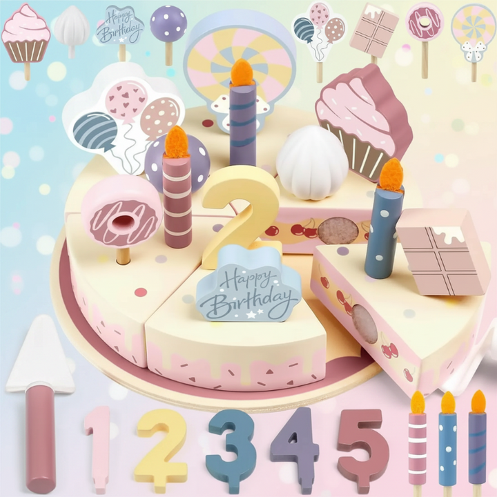Cherry and whipped cream style wooden cake with candles, dessert decorations, and numbers 1 through 5
