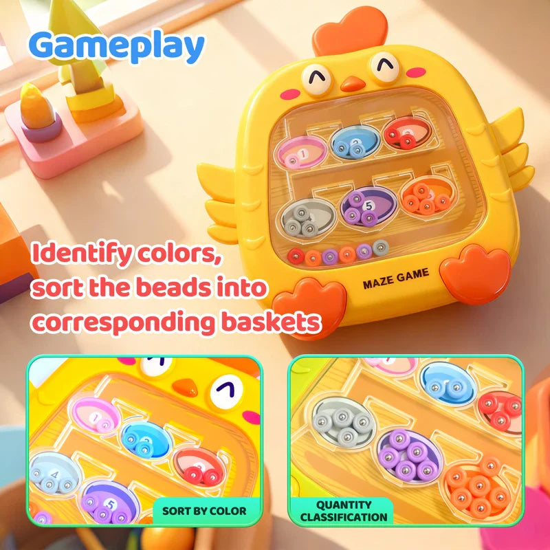 Yellow magnetic maze with close-ups of bead sorting by color and quantity.