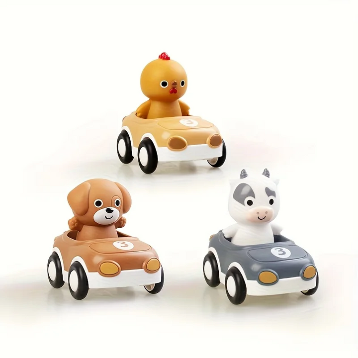 Chick, dog and cow figures seated in three colorful toy cars