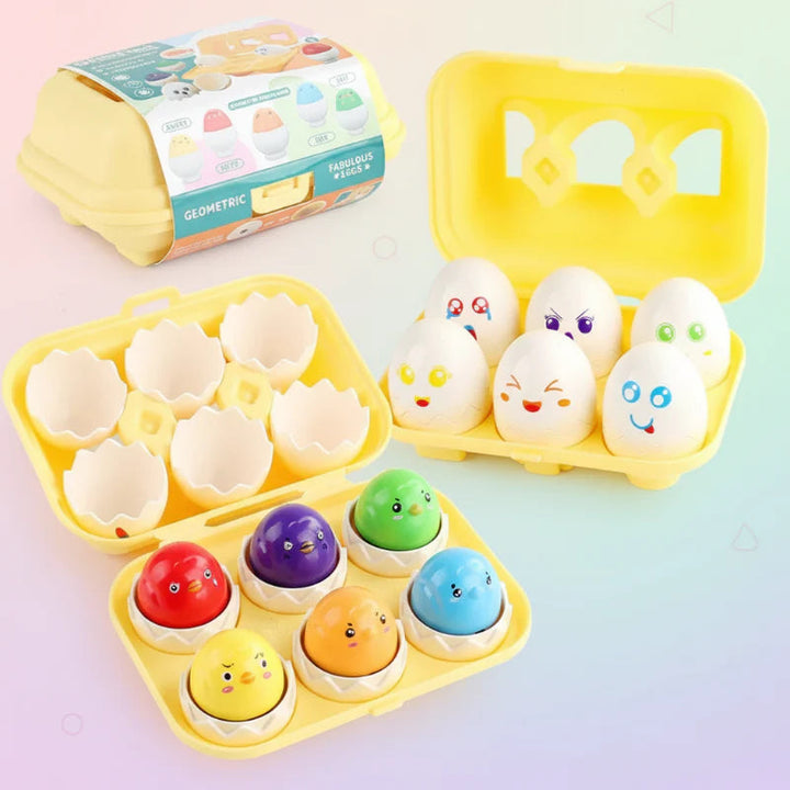 Chick egg puzzle showing colorful figures, decorated white shells, and a yellow storage case