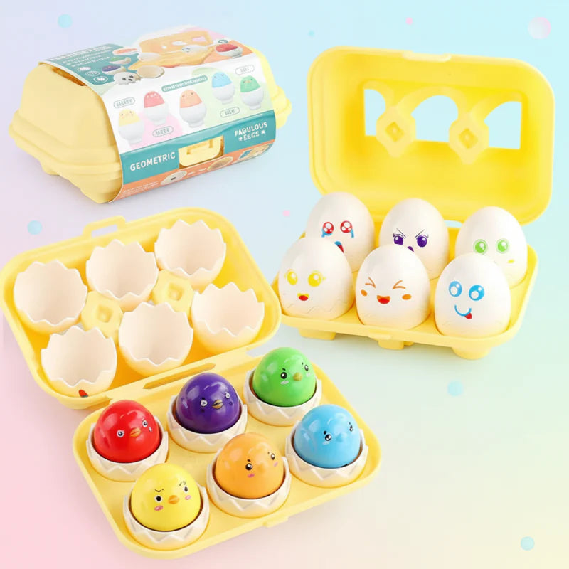 Yellow egg-carton case displayed with decorated chick eggs and six colorful chick figures