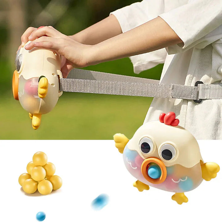 Adjustable waist strap on the chick ball game, shown with balls and a front view