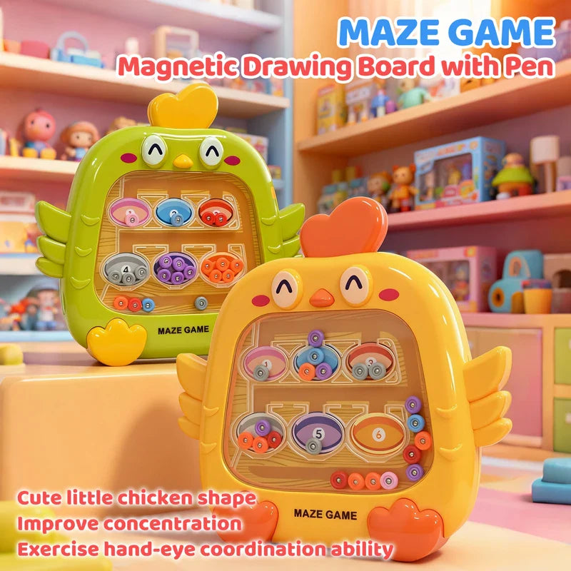 Yellow and green chick-shaped magnetic bead mazes with numbered sorting spaces.