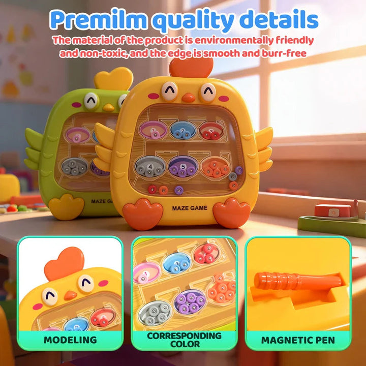 Yellow and green maze boards with close-ups of the chick shape, bead compartments, and magnetic pen.