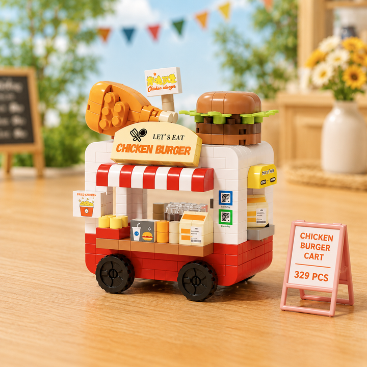 Red-and-white chicken burger cart block model with a striped awning and a large burger decoration.