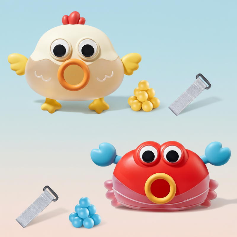 Chicken and crab ball game set with yellow and blue balls and two waist straps