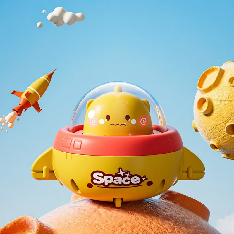 Chicken pilot in a yellow and red UFO toy with yellow side details.