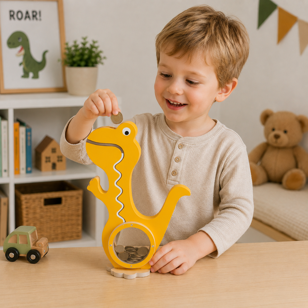 Child adding a coin to a yellow dinosaur piggy bank at a wooden table