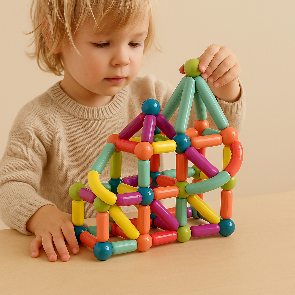 Child adding a green connector to a colorful magnetic stick house