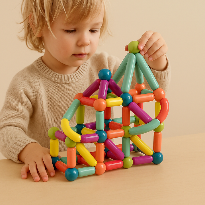 Child adding a green connector to a colorful magnetic stick house