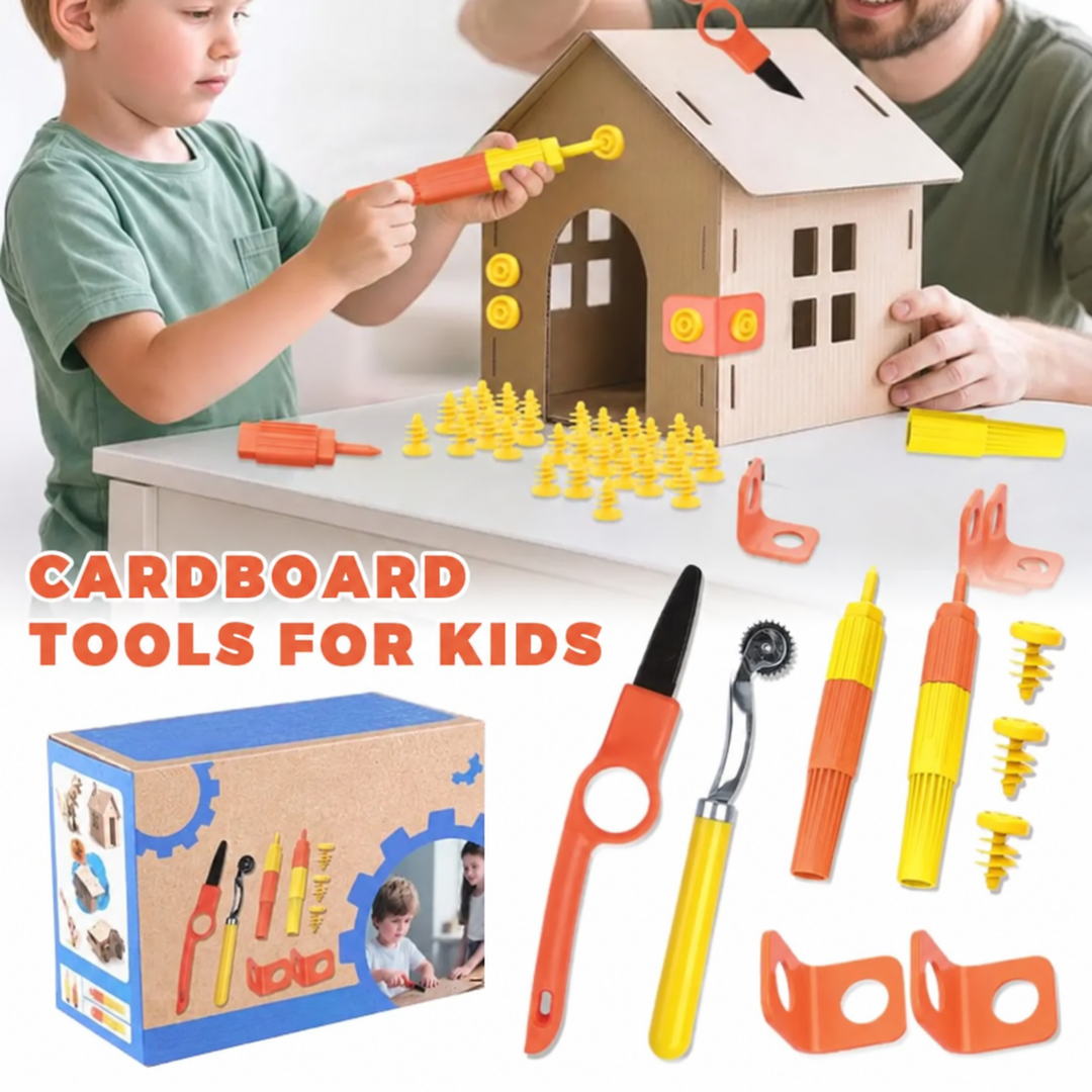 Child and adult fastening a cardboard house, with the tools shown below