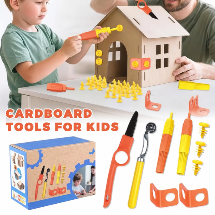 Child and adult fastening a cardboard house, with the tools shown below